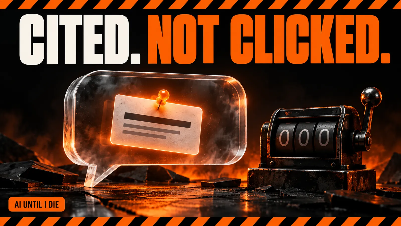 A glowing citation card inside a large answer bubble next to a click counter resting at zero on a dark desk