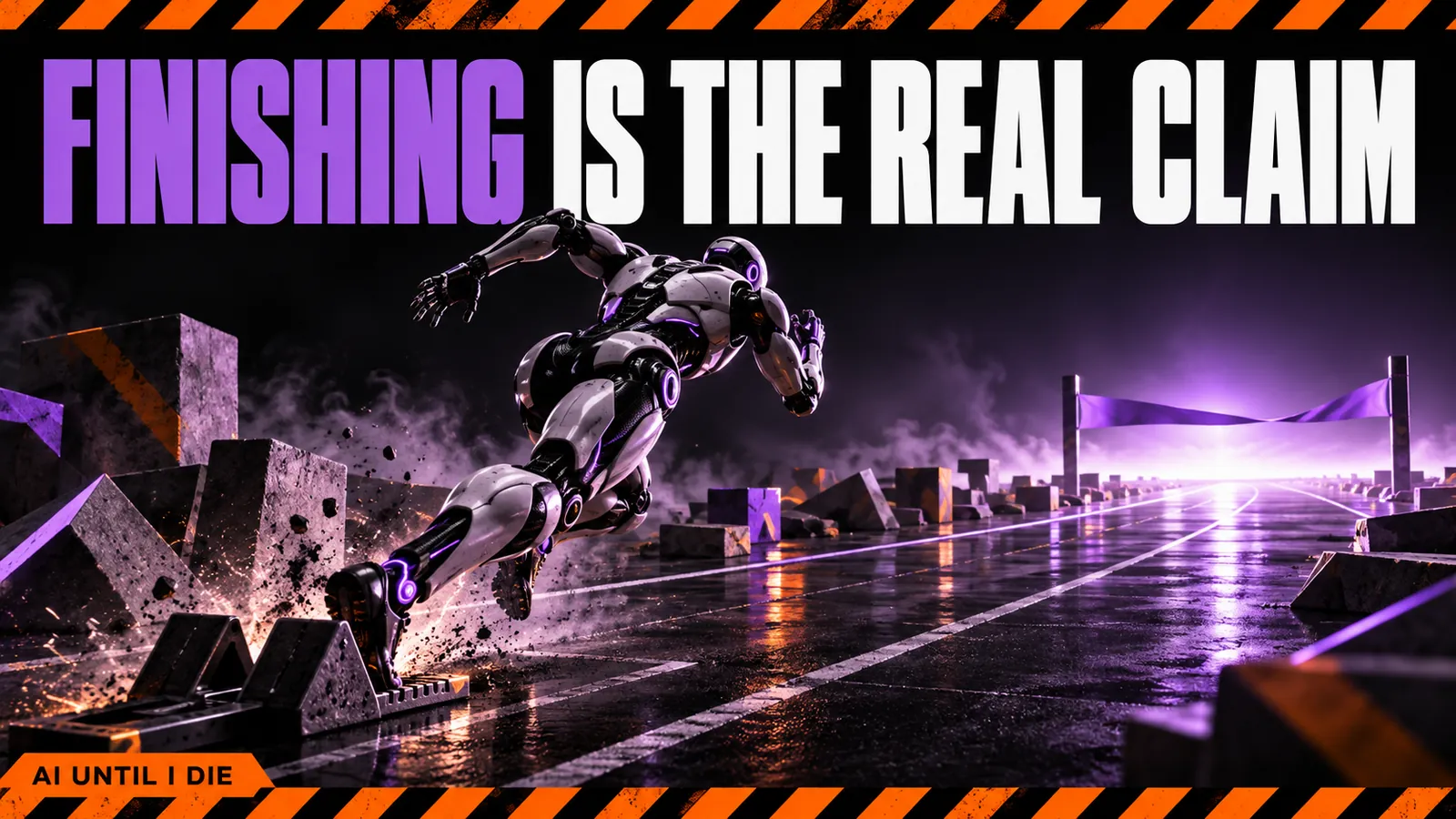 A robot sprinter leaving the starting blocks toward a distant finish ribbon with unfinished blocks along the track