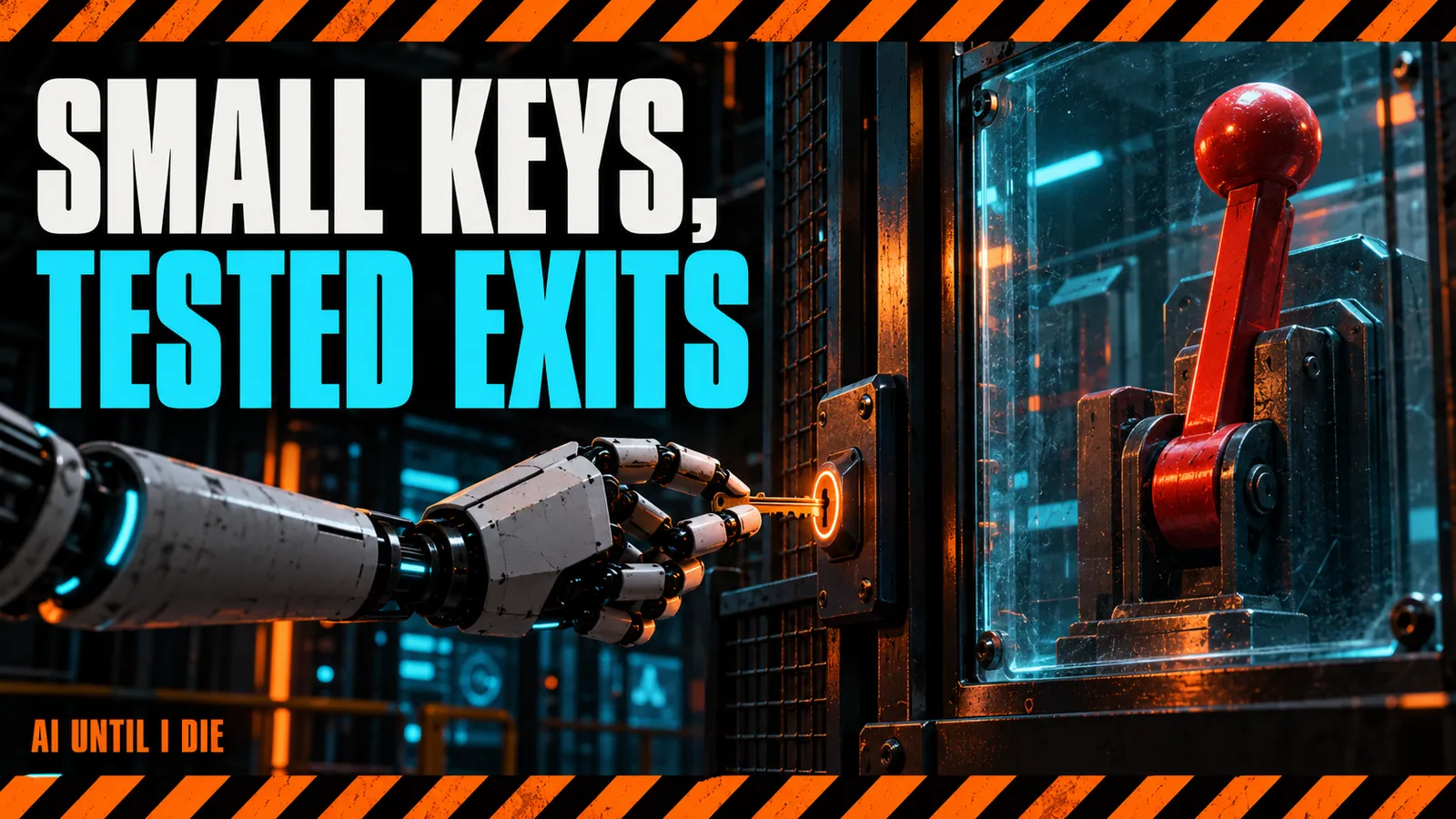 A robot hand holding one small key at a safety gate while a large lever stays locked behind glass
