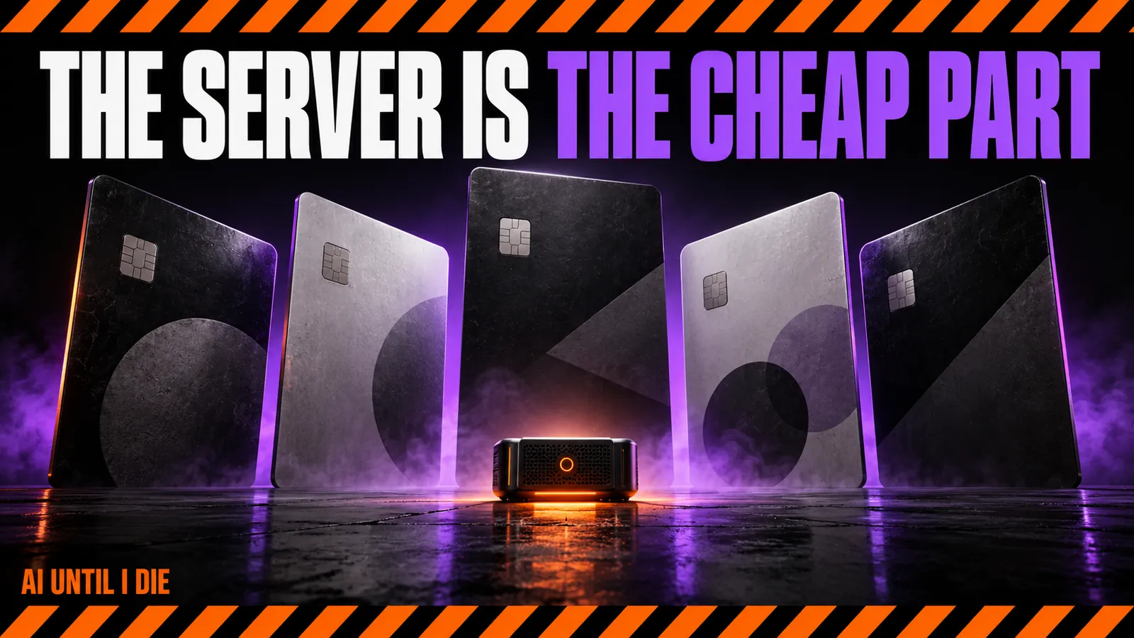 A tiny glowing server puck dwarfed by five large blank billing cards standing behind it