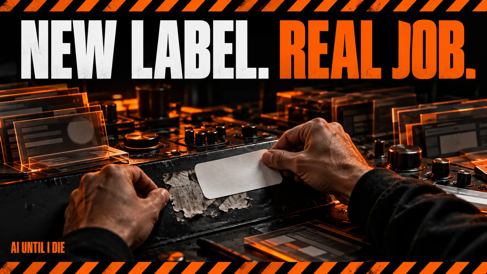 A fresh label pasted over an old one on a wide control desk full of abstract source dials