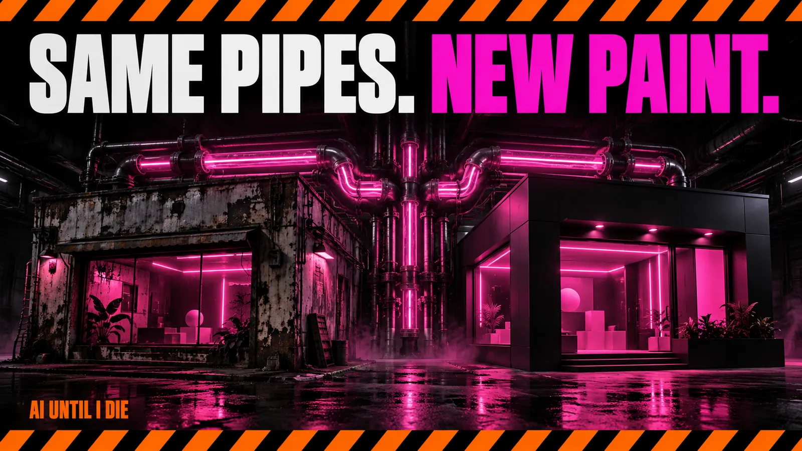 One shared set of glowing pipes feeding two different storefront shapes in a dark hall