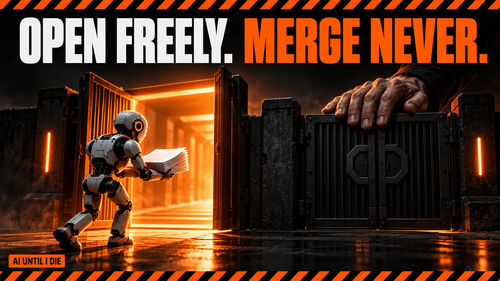A robot sliding a manuscript through an open gate while a second gate stays shut under a human hand