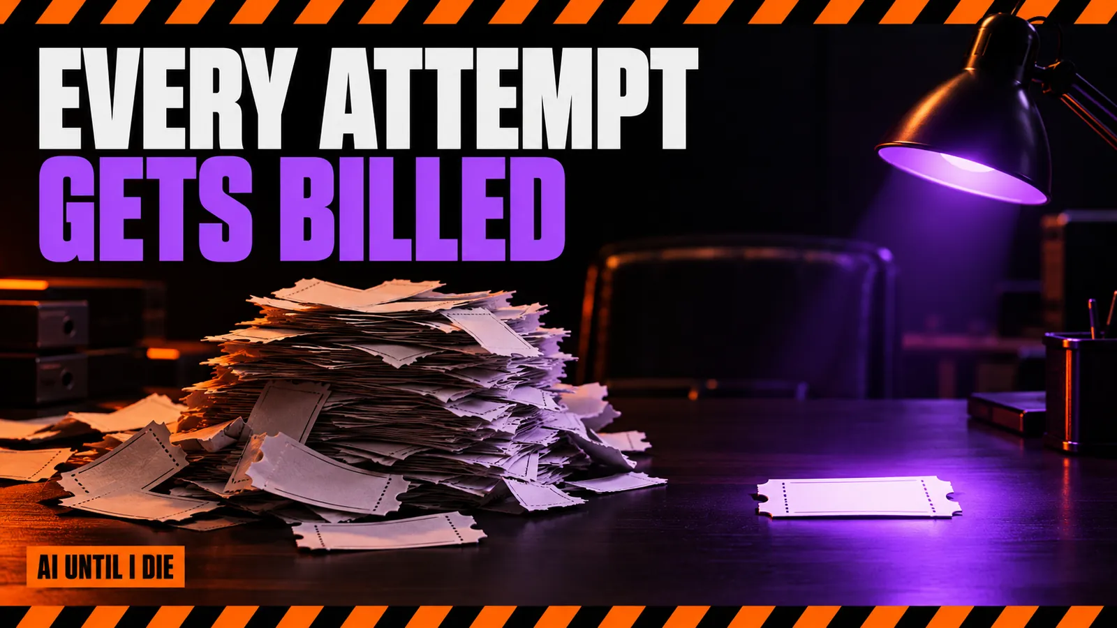 A tall pile of attempt tickets beside a single finished ticket on a dark accounting desk