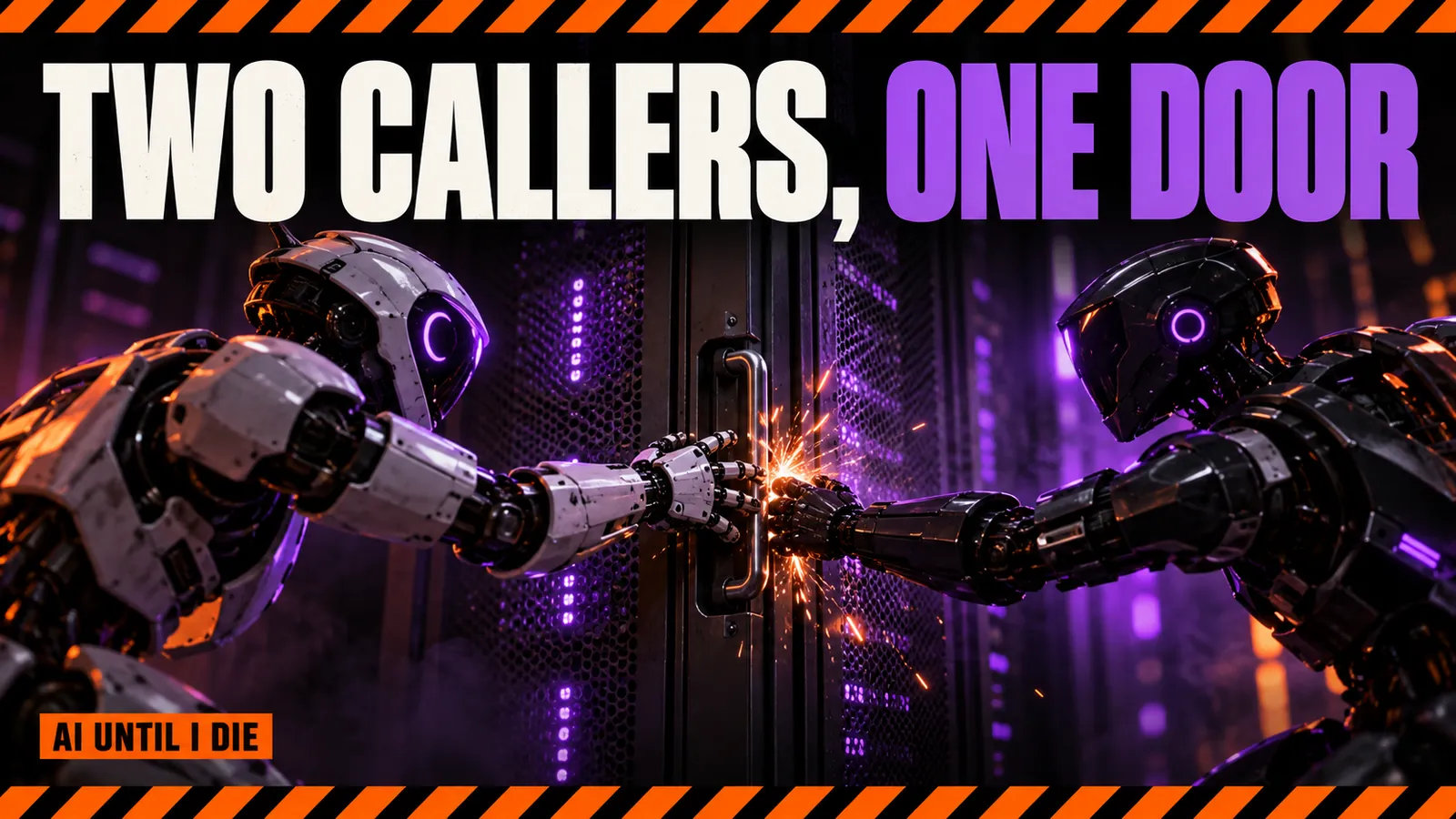 Two robots reaching for the same server door handle at the same moment with sparks at the latch