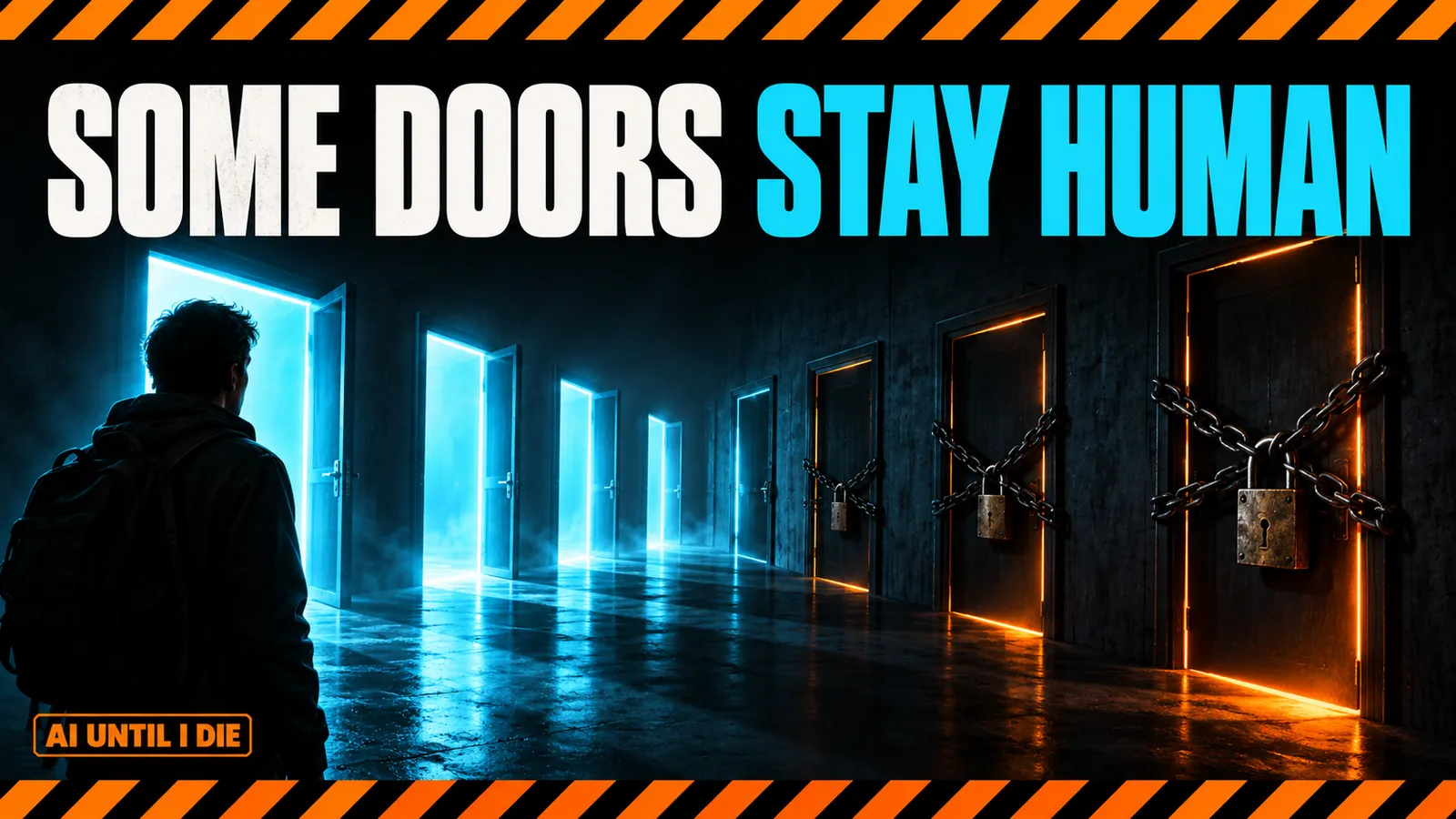 A row of glowing doors in a dark corridor with the last doors chained shut by a heavy padlock