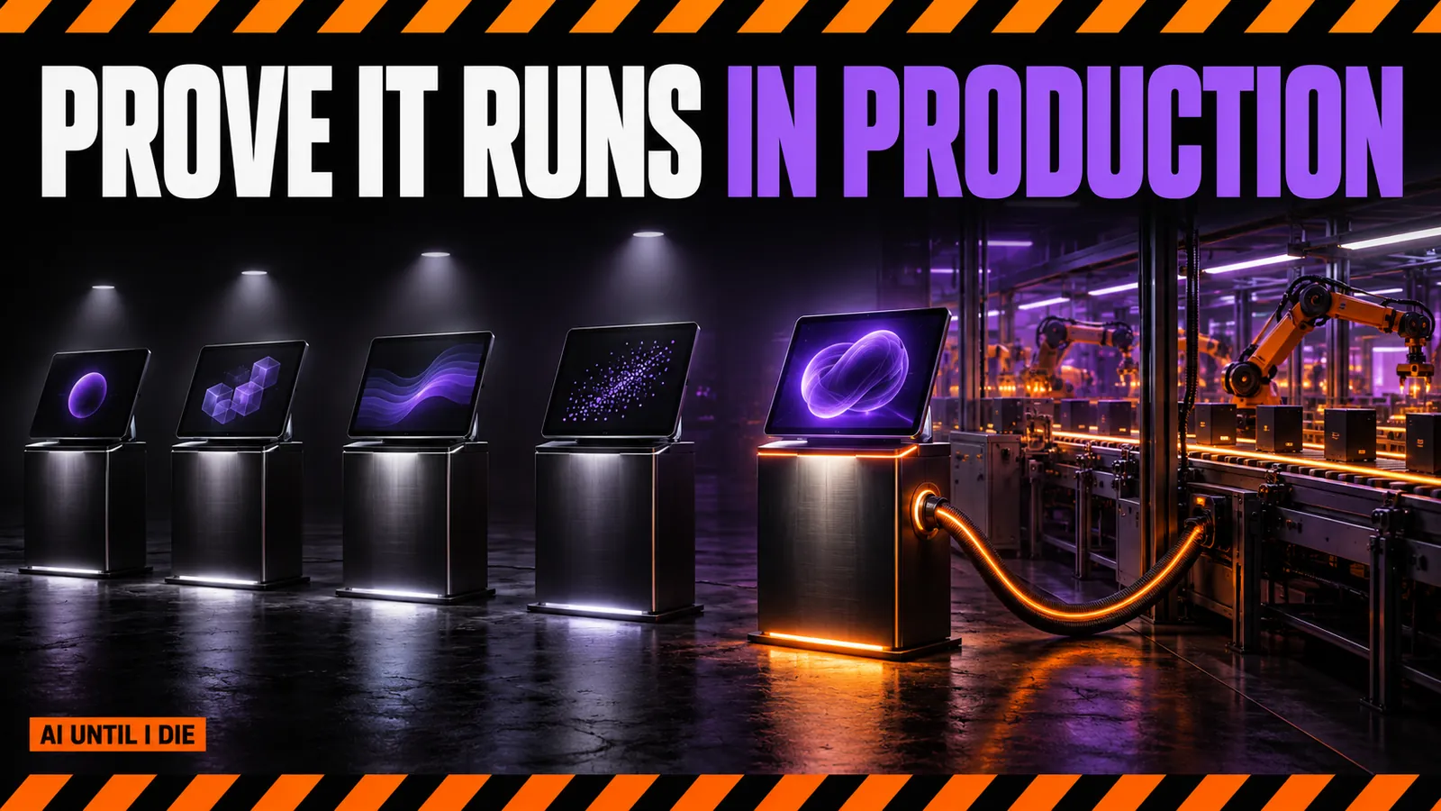 A row of demo podiums with only one connected by a real cable to a working production line