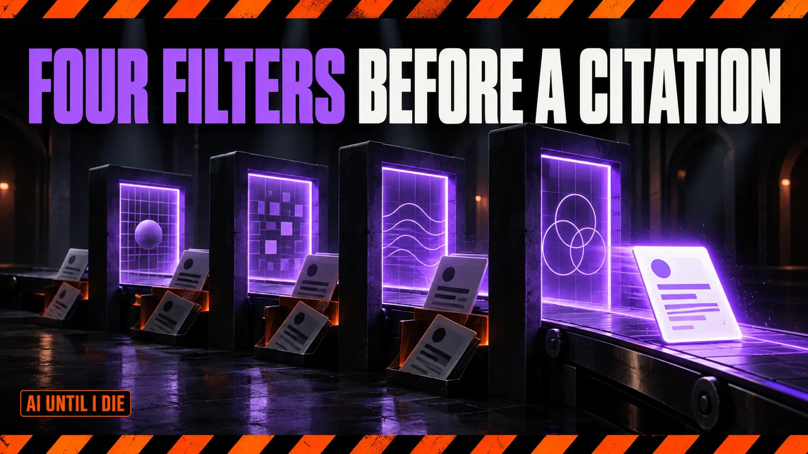 A page card passing through four glowing filter gates while other cards stop at different gates